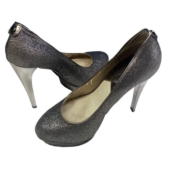 MICHAEL KORS Women Glitter Stilettos Size 8M Silver Heels Platform Elegant - Picture 1 of 11